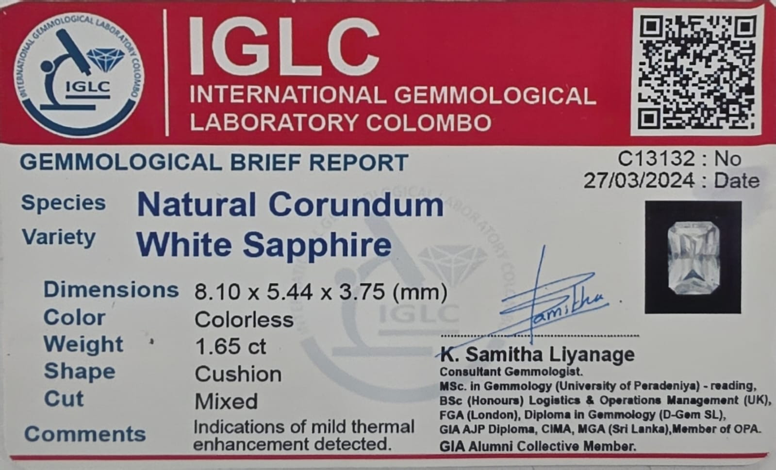 Certificate for White Sapphire