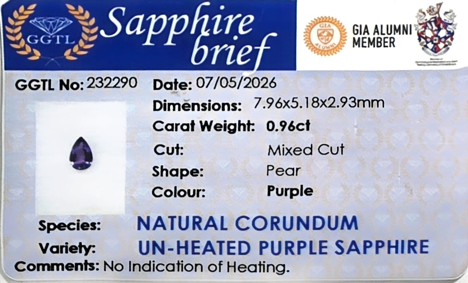 Certificate for Purple Sapphire