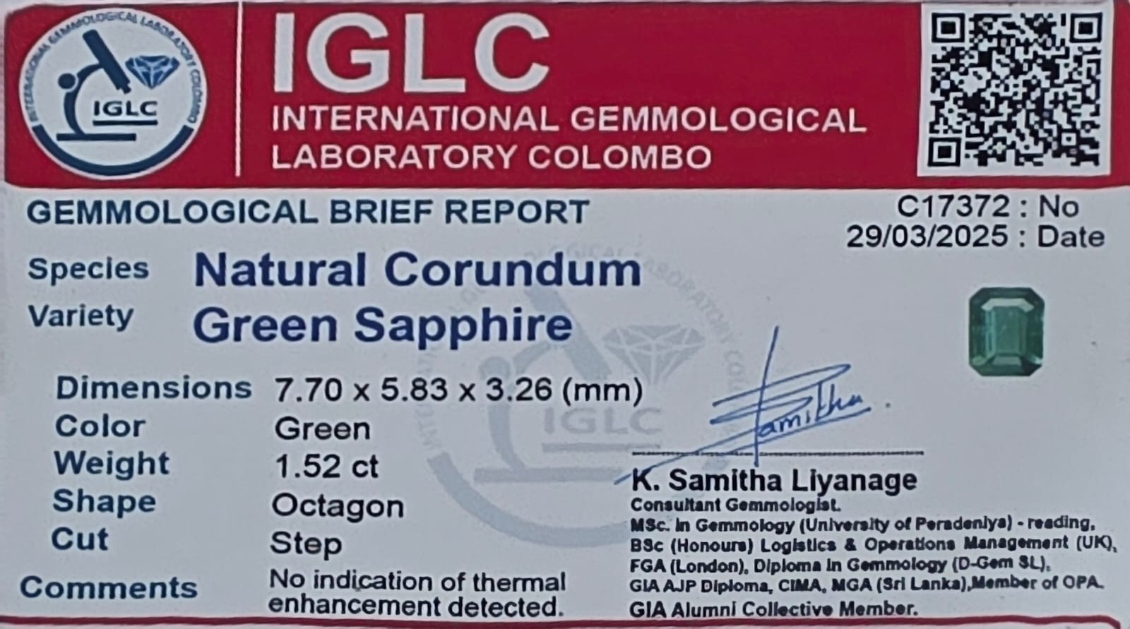 Certificate for Green sapphire
