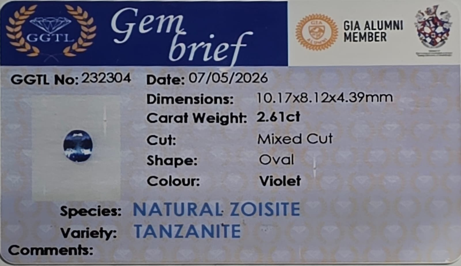 Certificate for Blue Sapphire