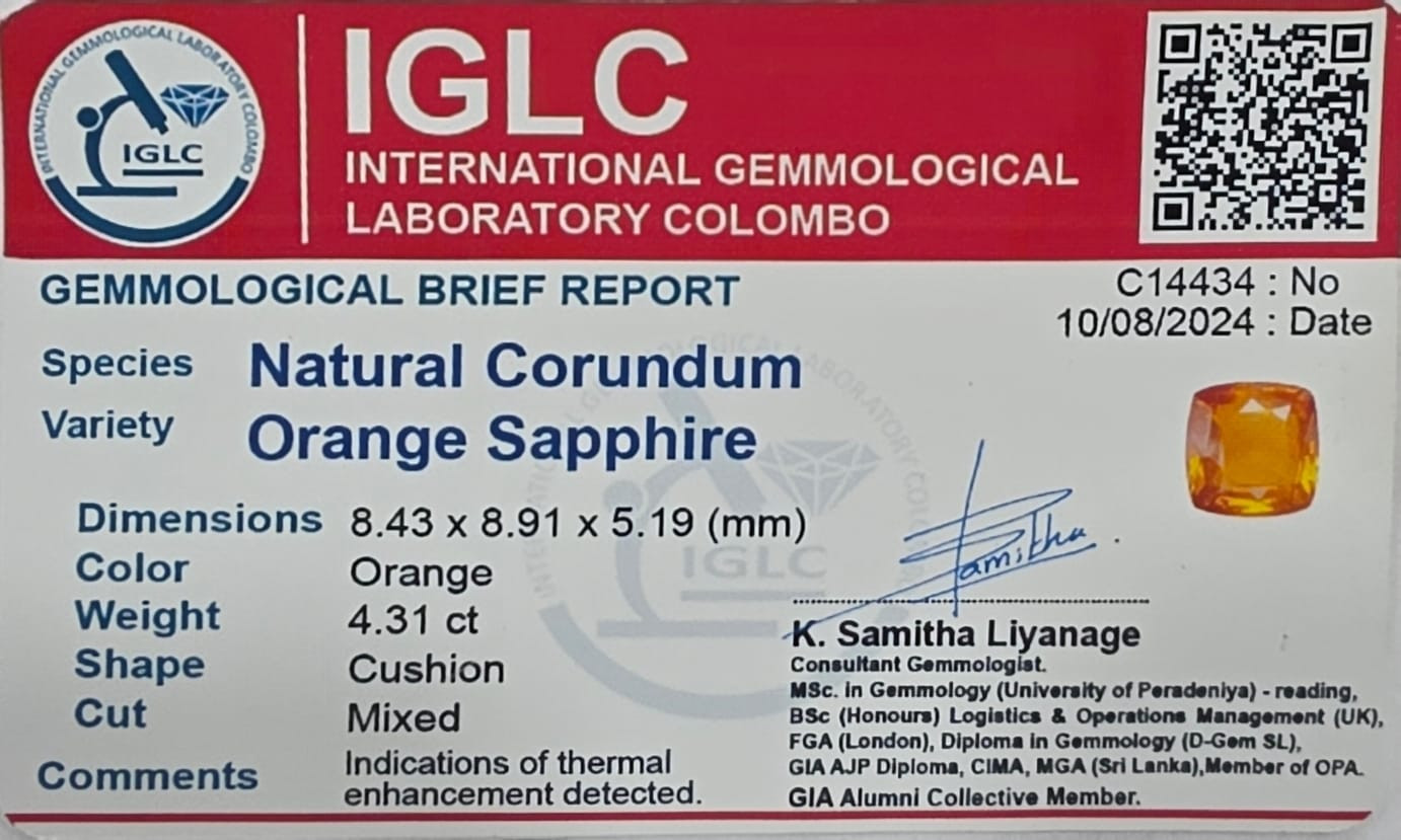 Certificate for Orange Sapphire