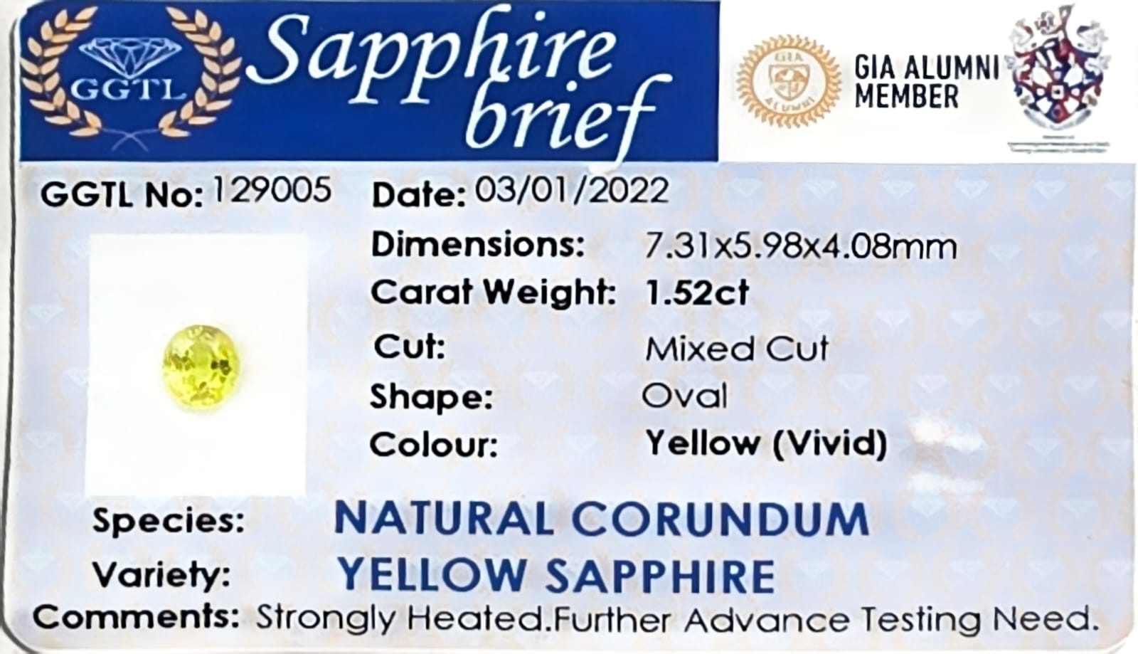 Certificate for Yellow Sapphire