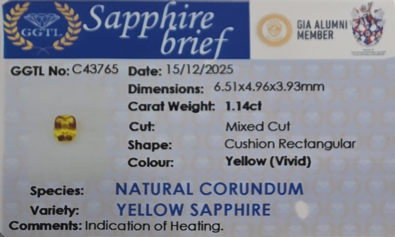 Certificate for Yellow Sapphire