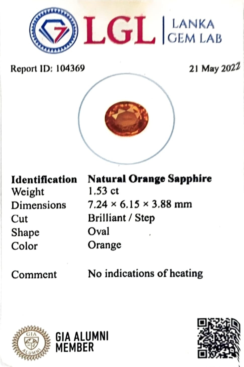 Certificate for Orange Sapphire