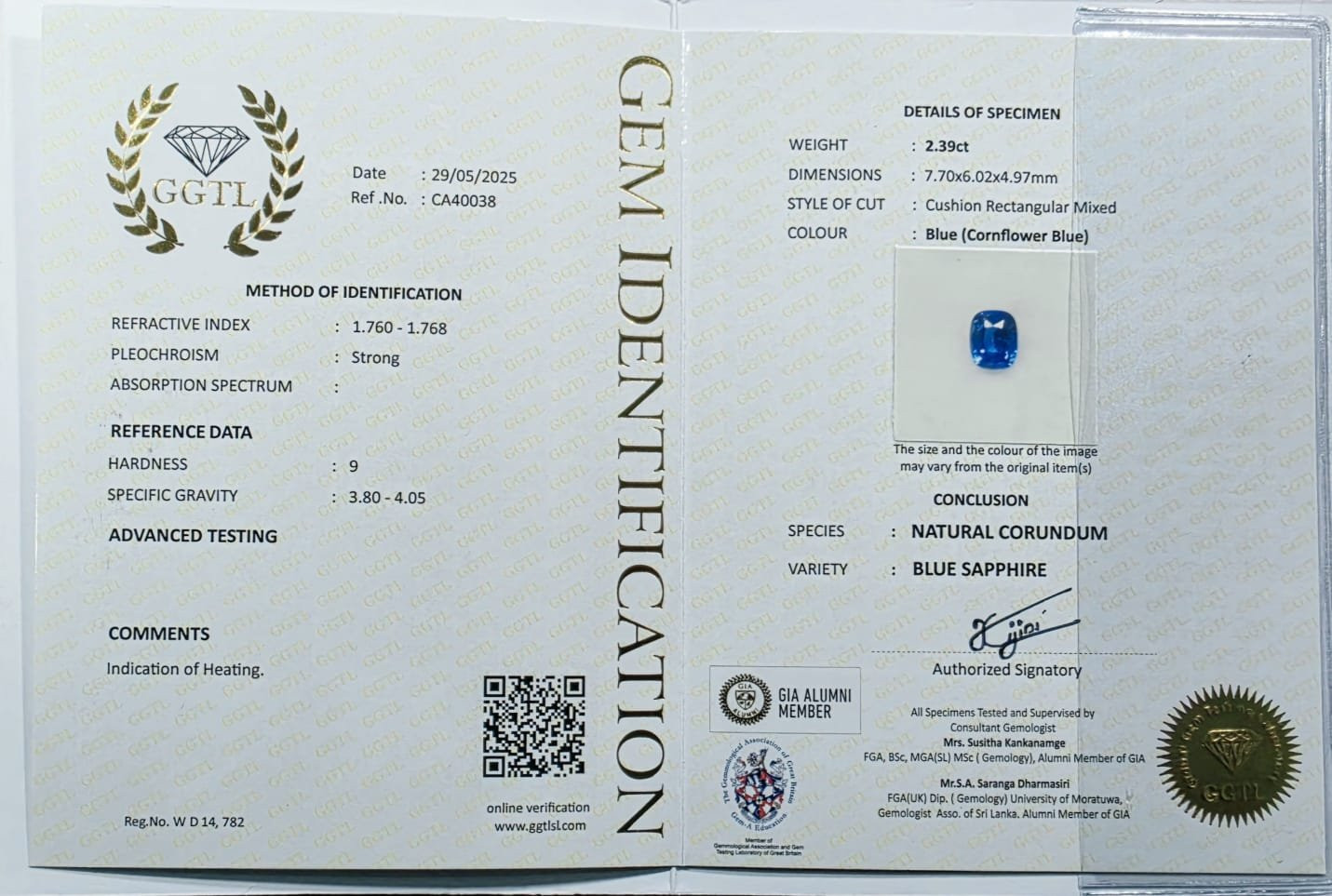 Certificate for Blue Sapphire