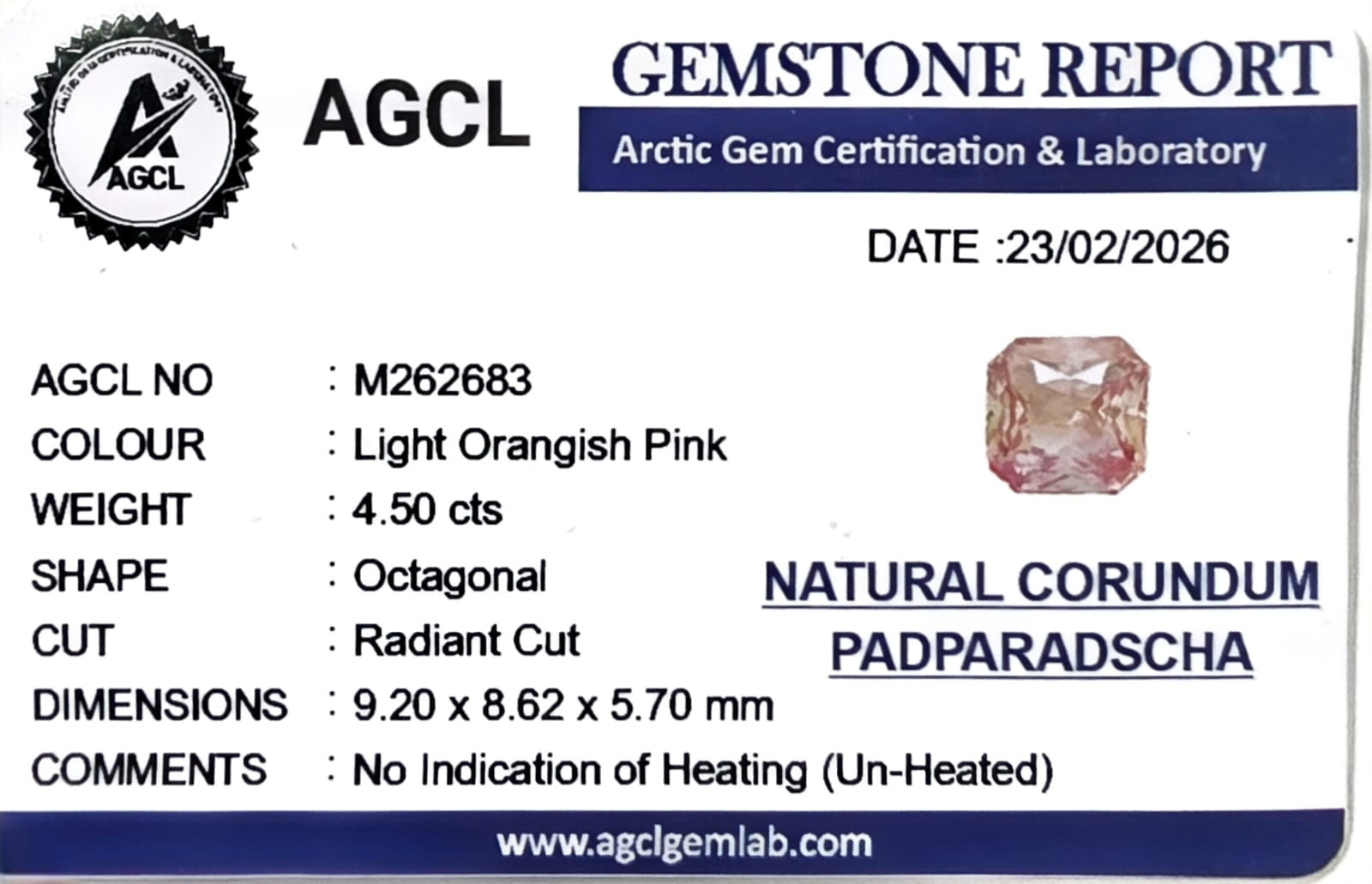 Certificate for Padparadscha