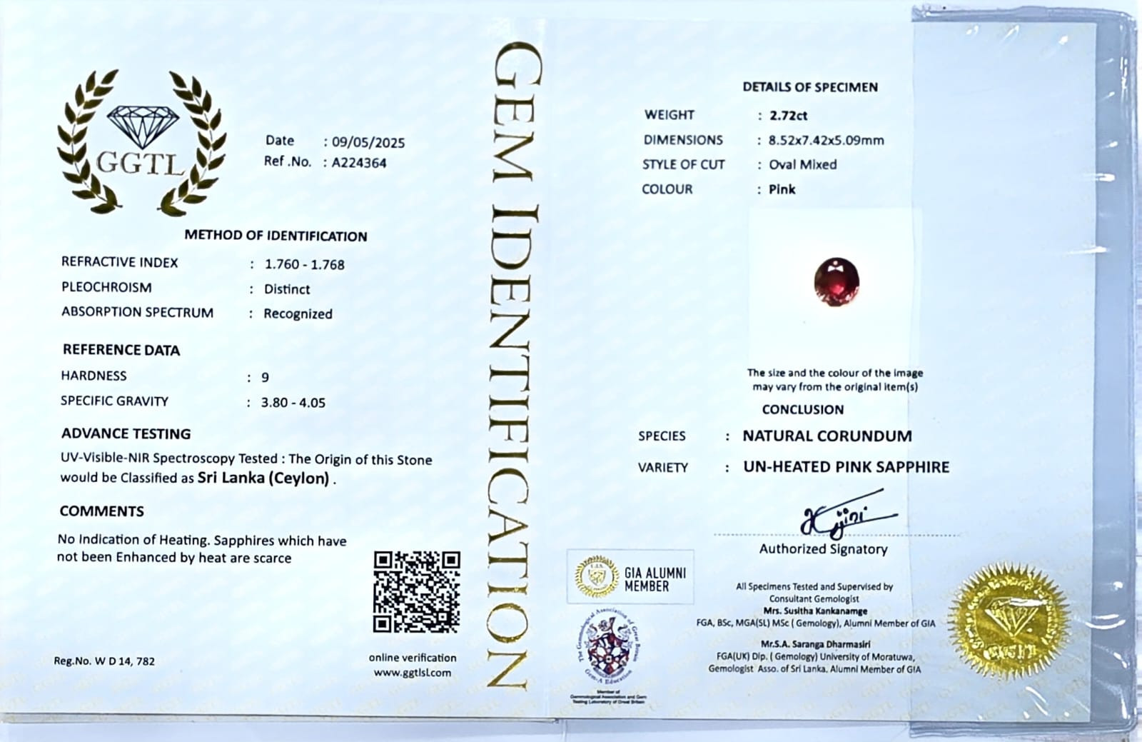 Certificate for Pink Sapphire