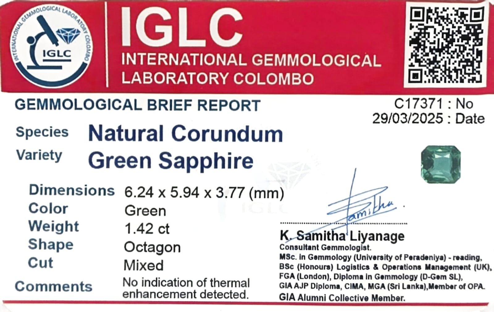 Certificate for Green  Sapphire