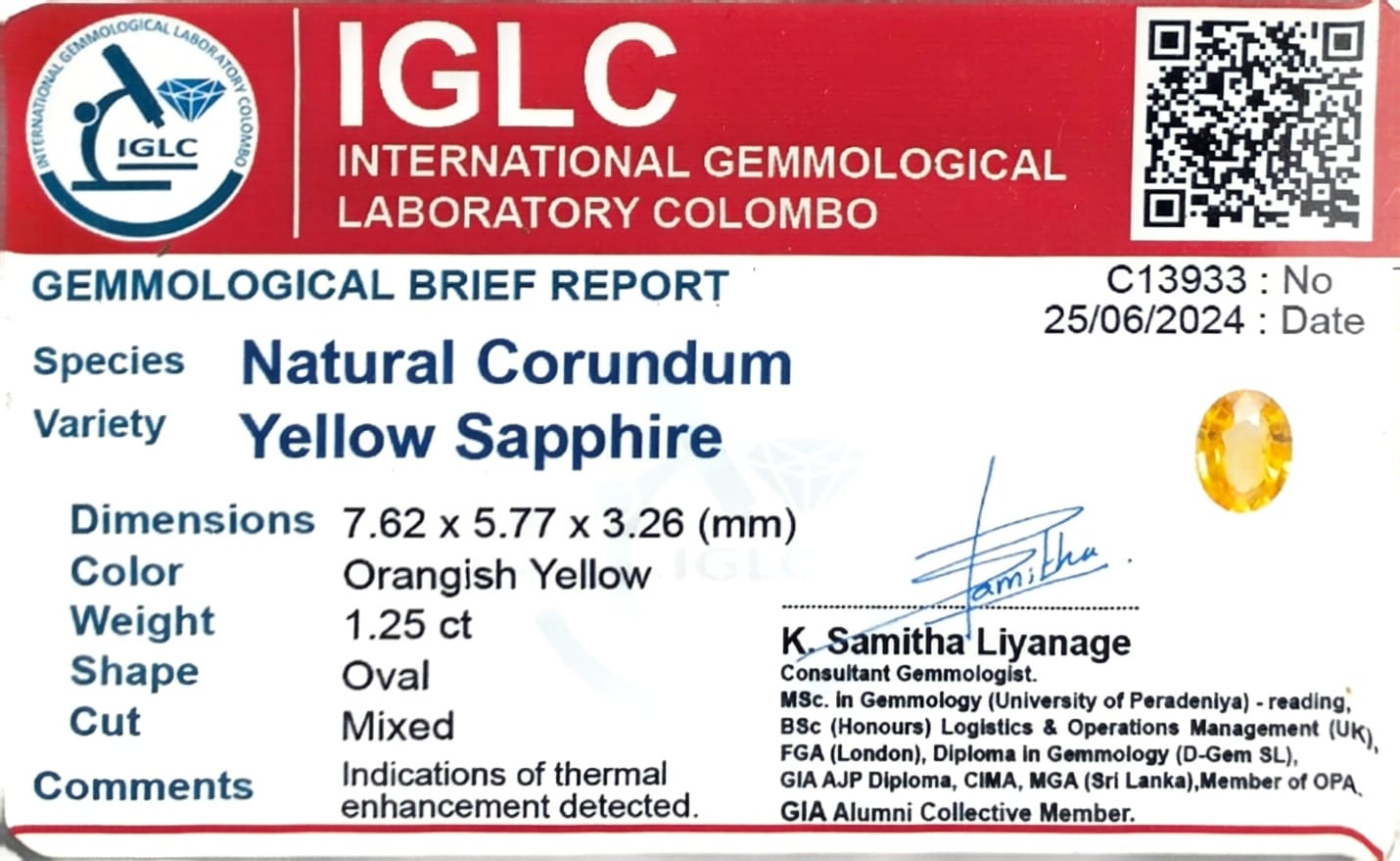 Certificate for Yellow Sapphire