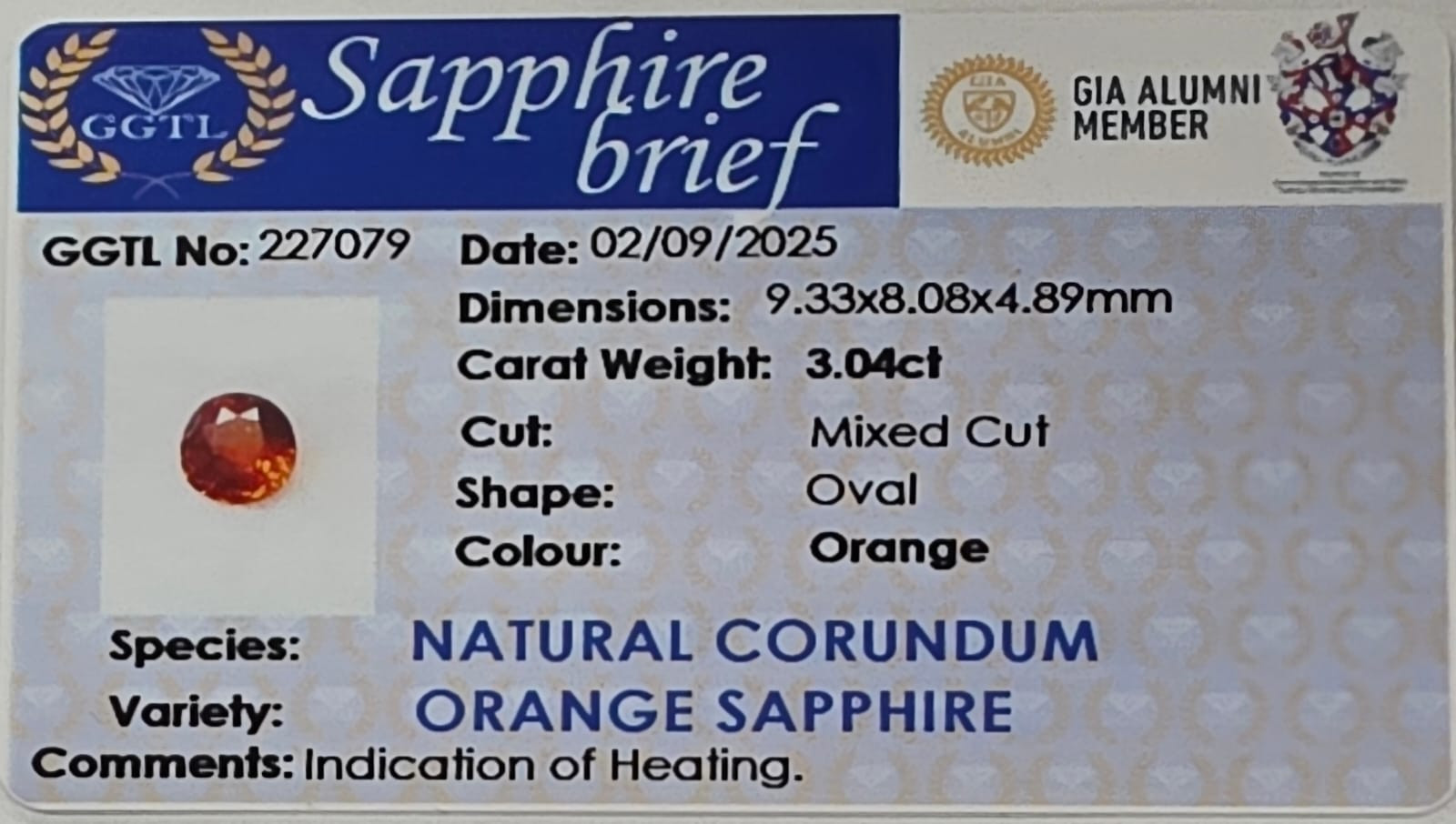 Certificate for Orange Sapphire