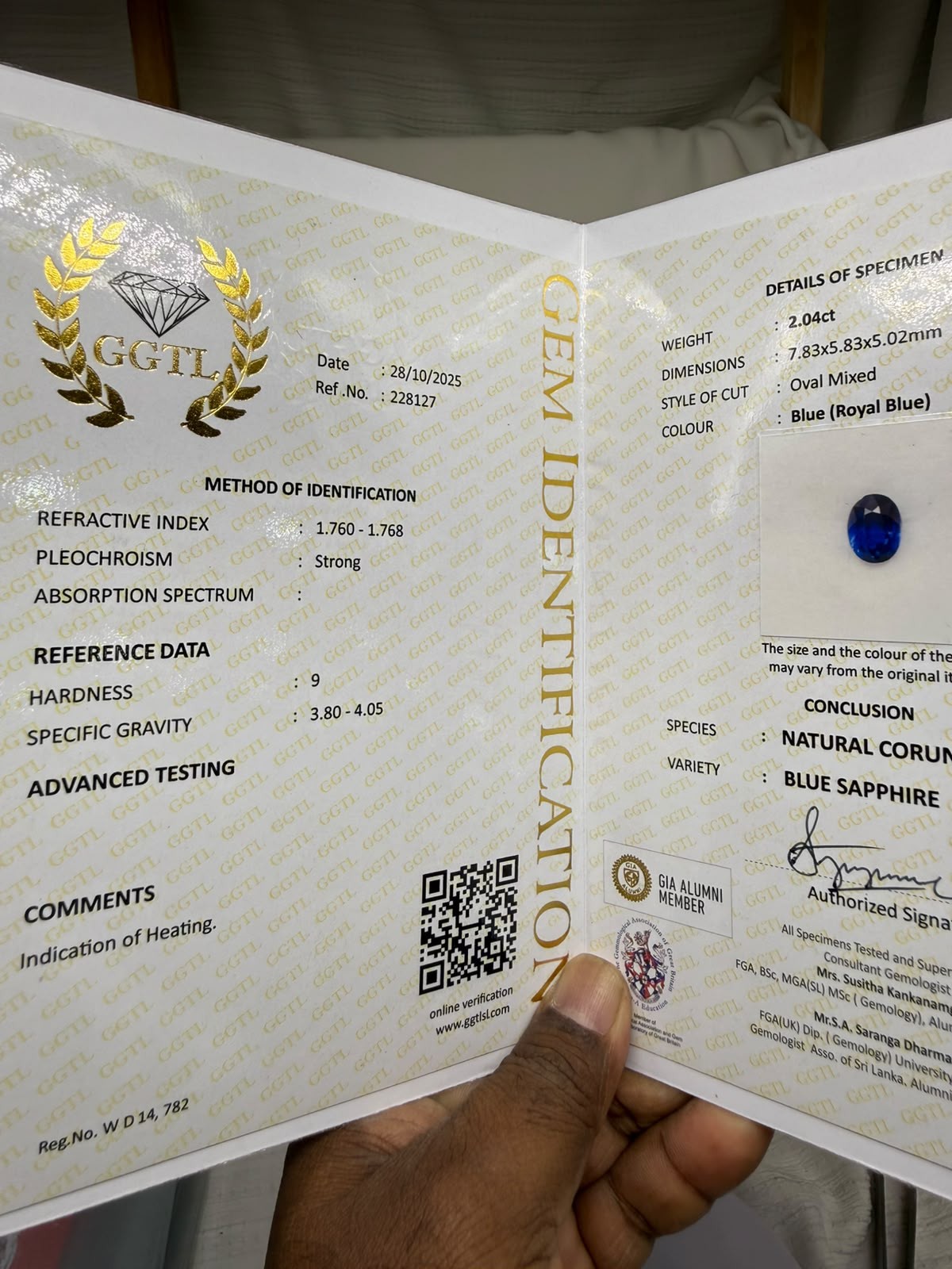 Certificate for CEYLON BLUE SAPPHIRE