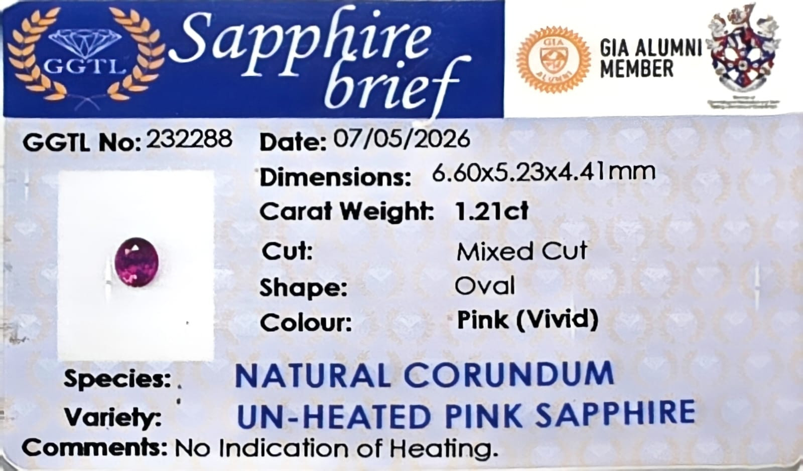 Certificate for Pink sapphire