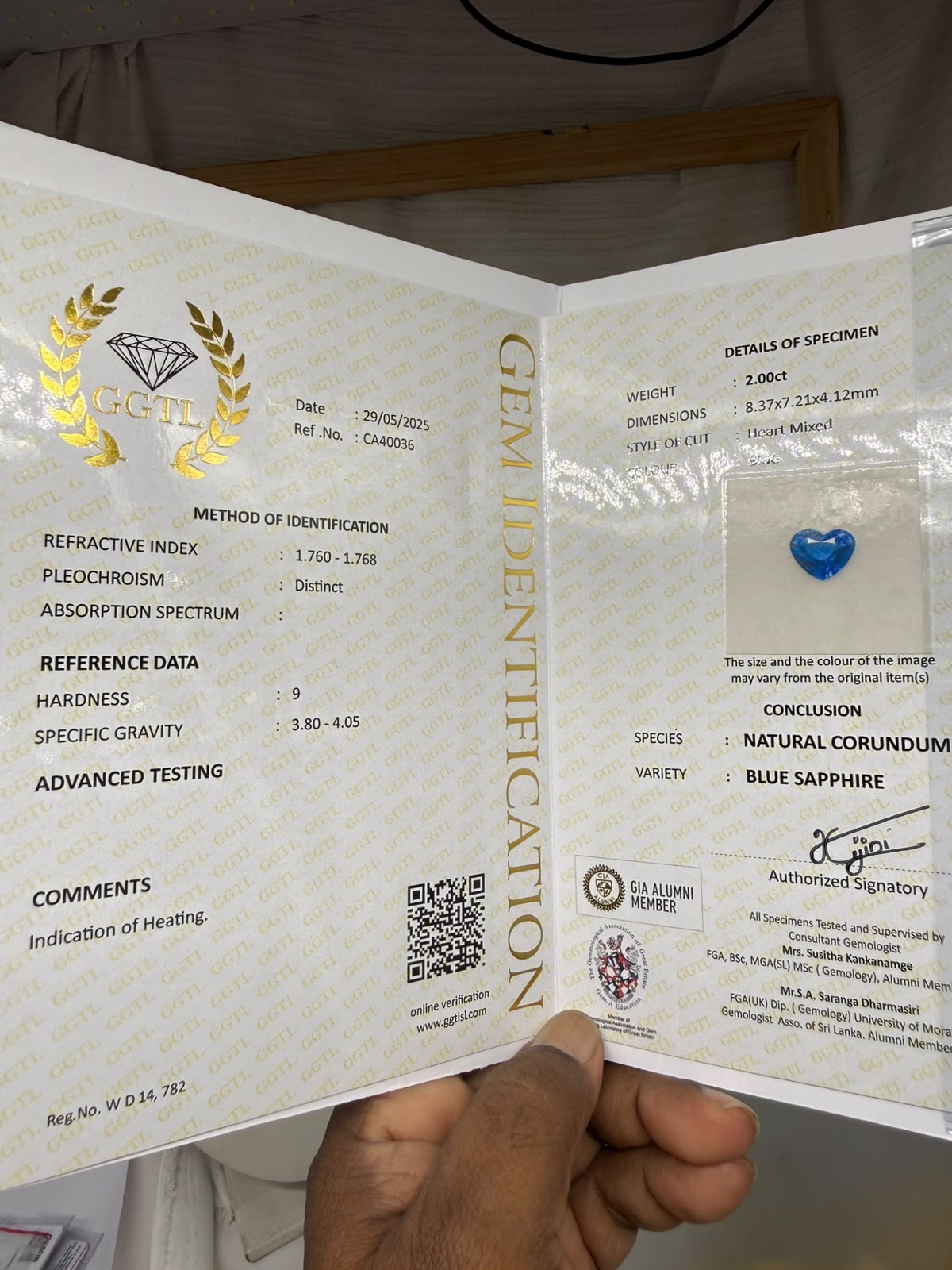 Certificate for HEART BLUE SAPPHIRE