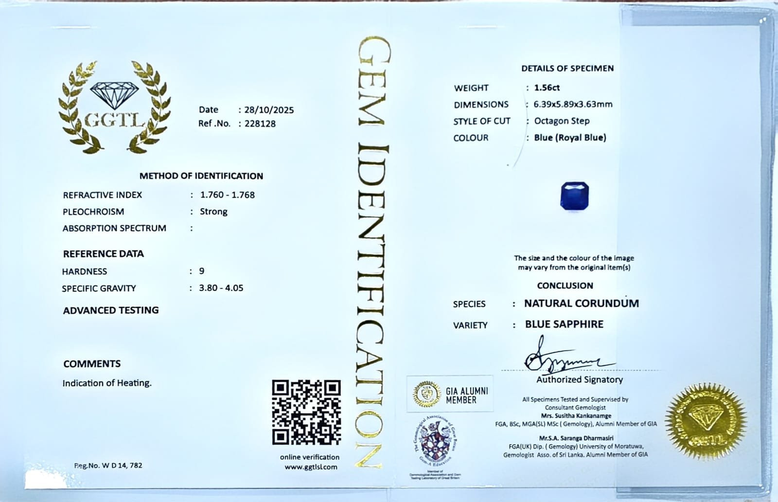 Certificate for Blue Sapphire