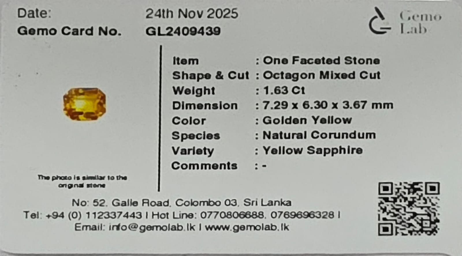 Certificate for Yellow Sapphire