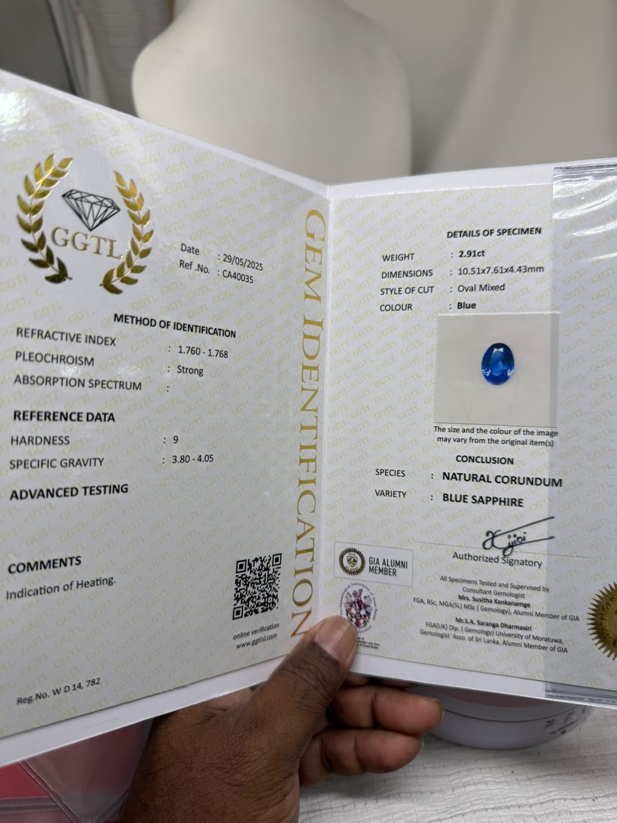 Certificate for BLUE SAPPHIRE