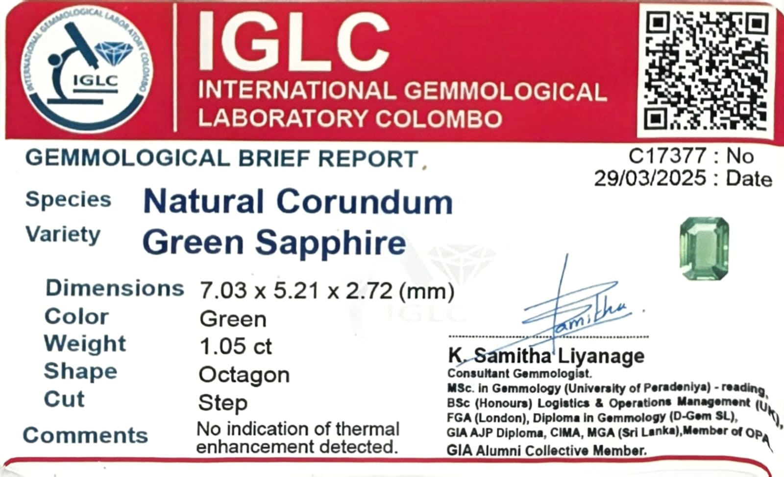 Certificate for Green  Sapphire