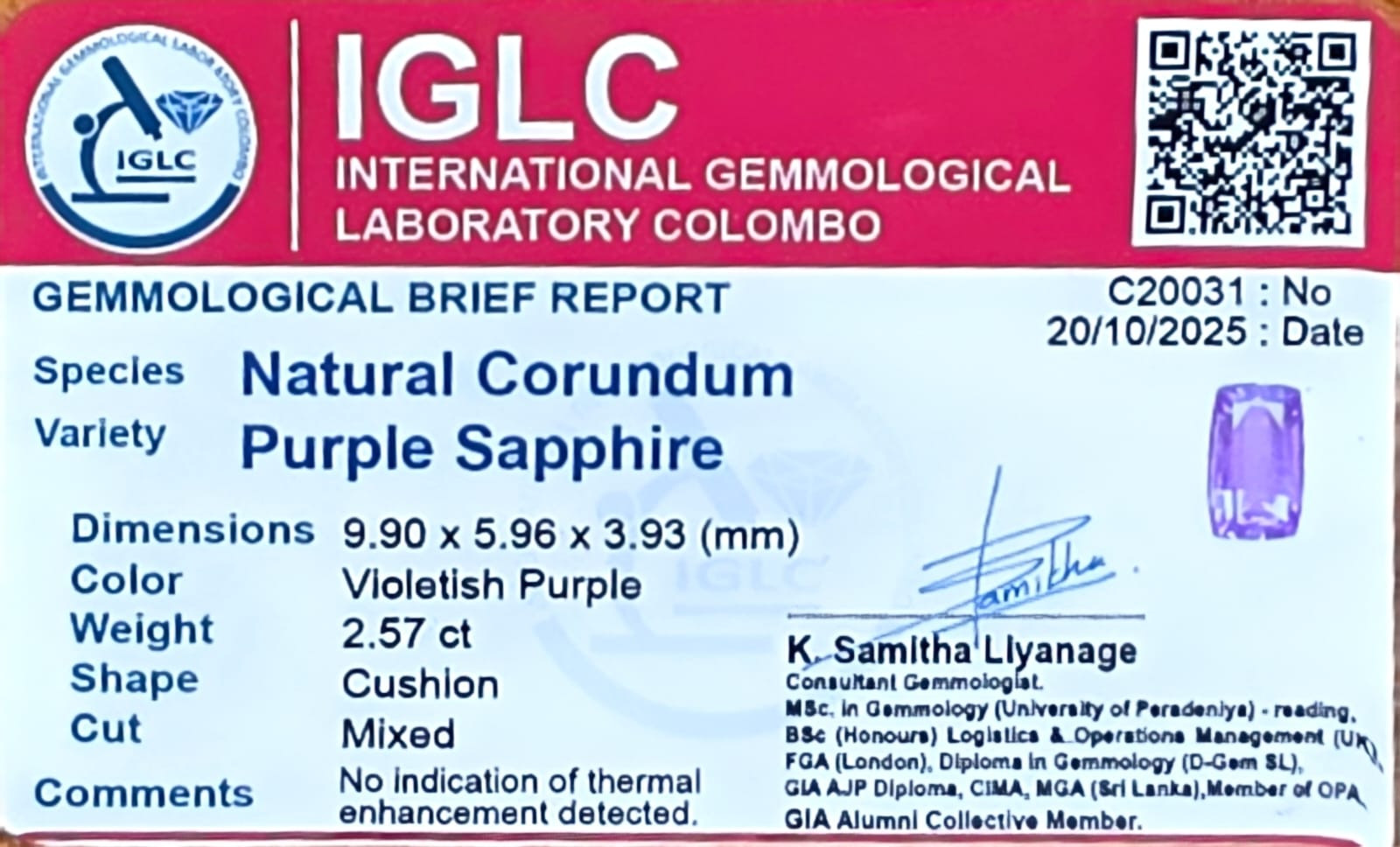 Certificate for Purple Sapphire