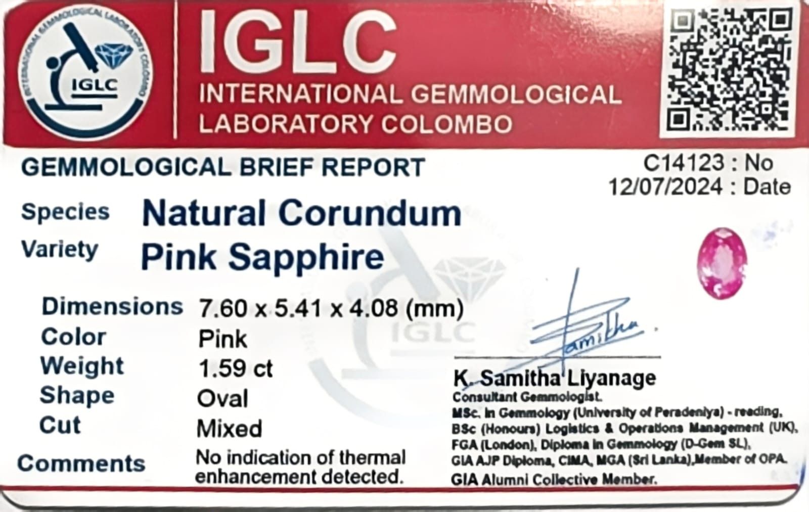Certificate for Pink Sapphire