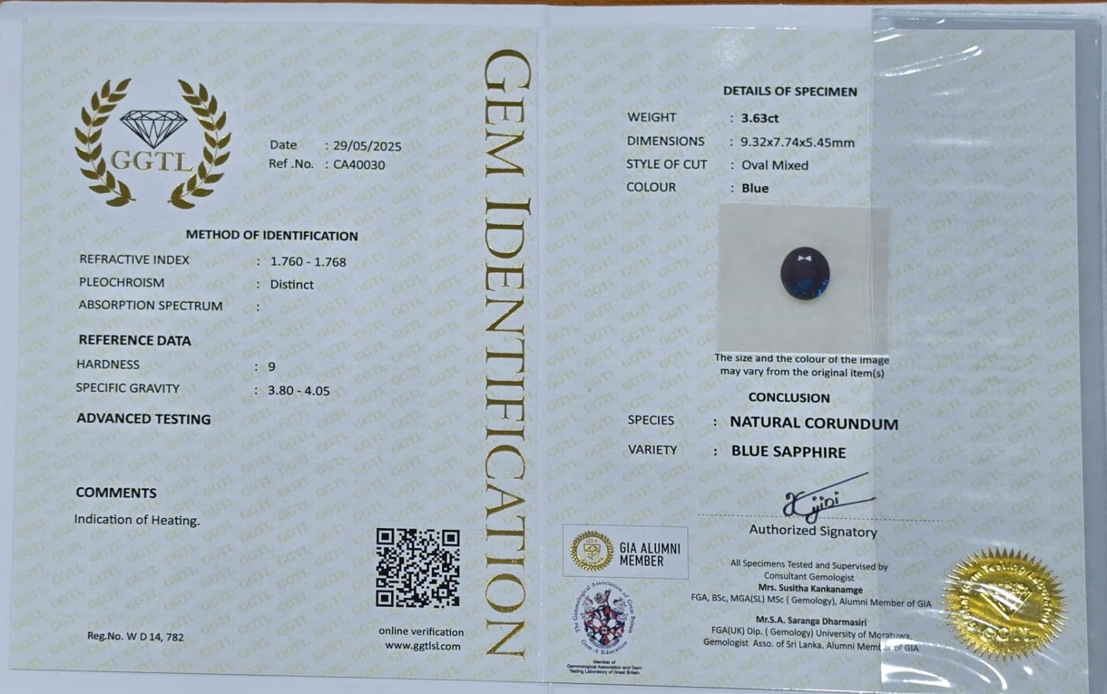 Certificate for Blue Sapphire