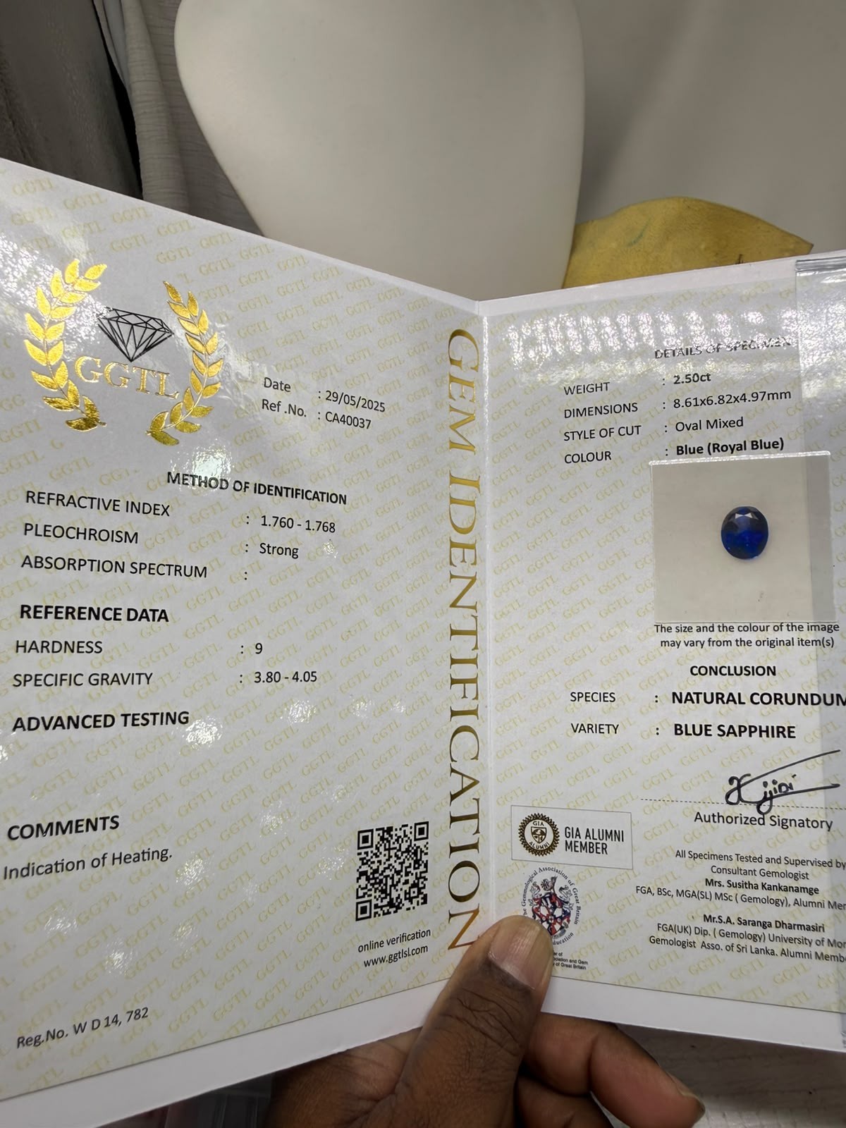 Certificate for BLUE SAPPHIRE